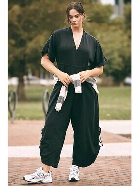 Anthro Daily Practice Black Jumpsuit M Wide Leg Utility Athleisure Tie Detail